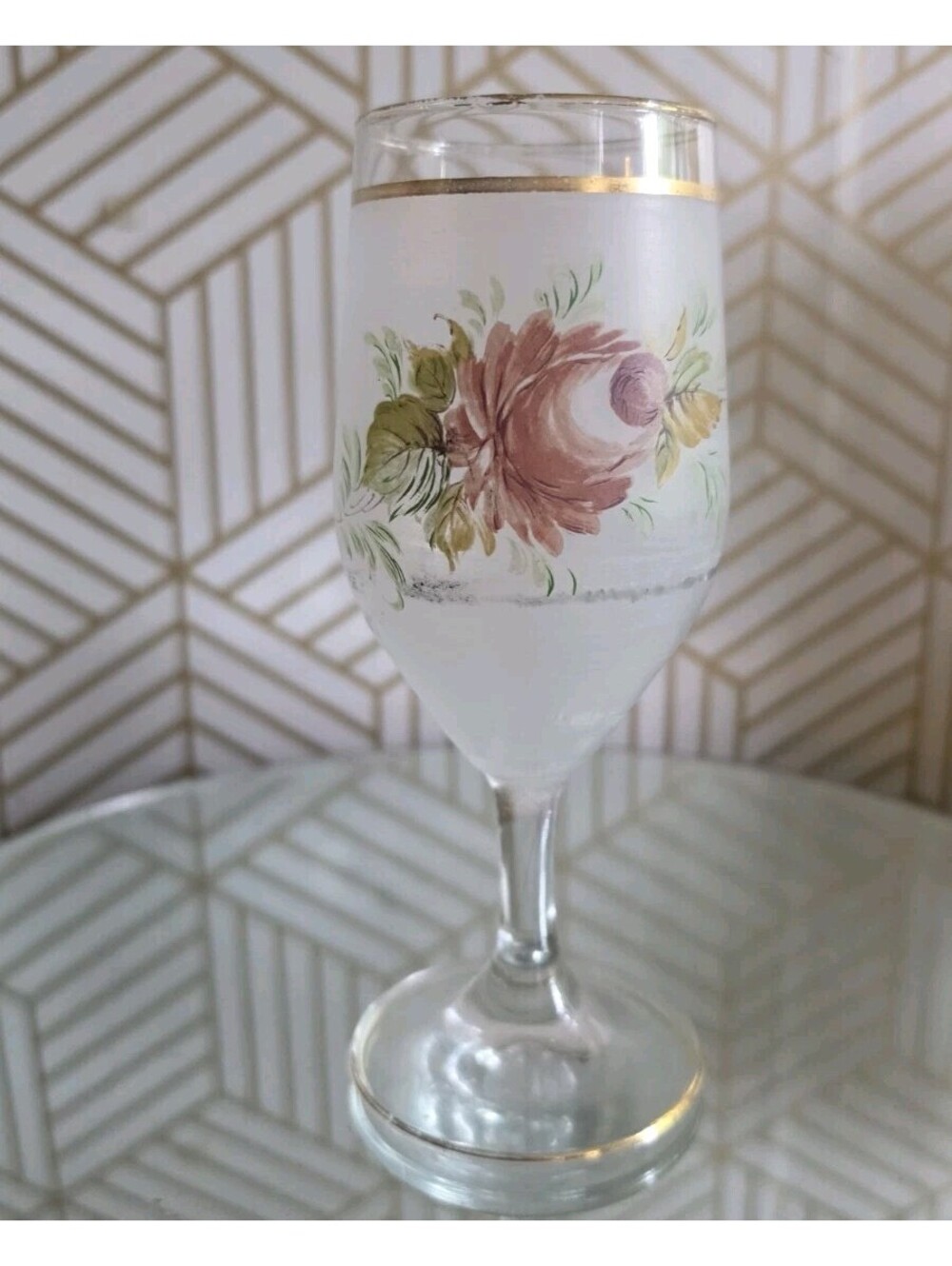 Vintage Interpur Handpainted Rose Frosted Wine Glass Replacement 6 5/8”